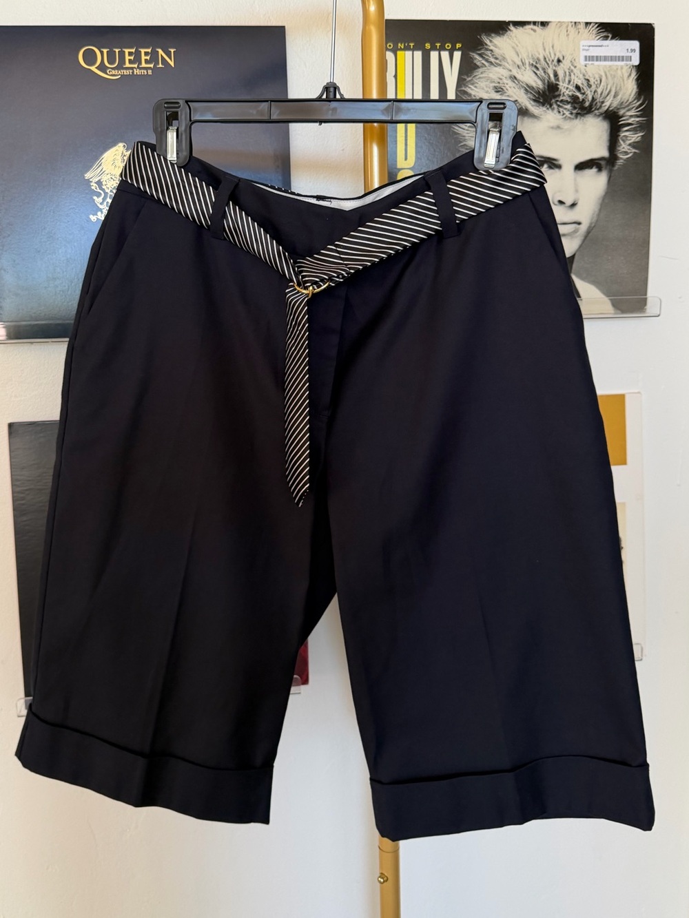 Charter Club Black Flat-Front Tailored Trouser Short with Striped Belt